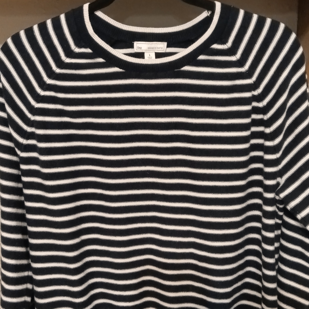 GAP Women  Striped Crewneck Sweater - Navy and White